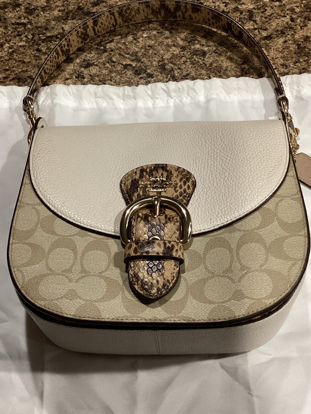 Coach Beige Signature Canvas Shoulder Bag with Cream Flap and Snakeskin Trim
